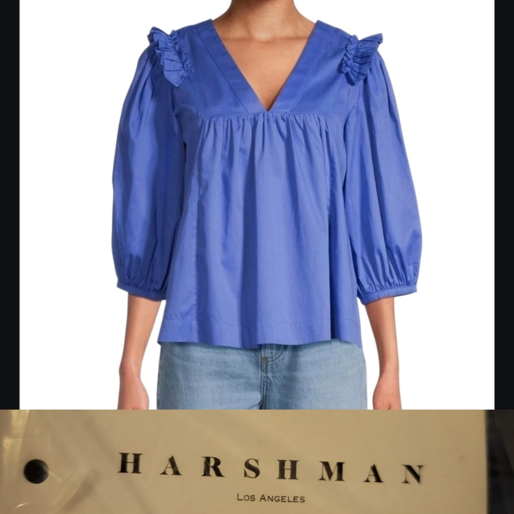 $216 NEW HARSHMAN 3/4 SLEEVE INDIGO BLUE CHERYL POPLIN BLOUSE TOP M MEDIUM NWT